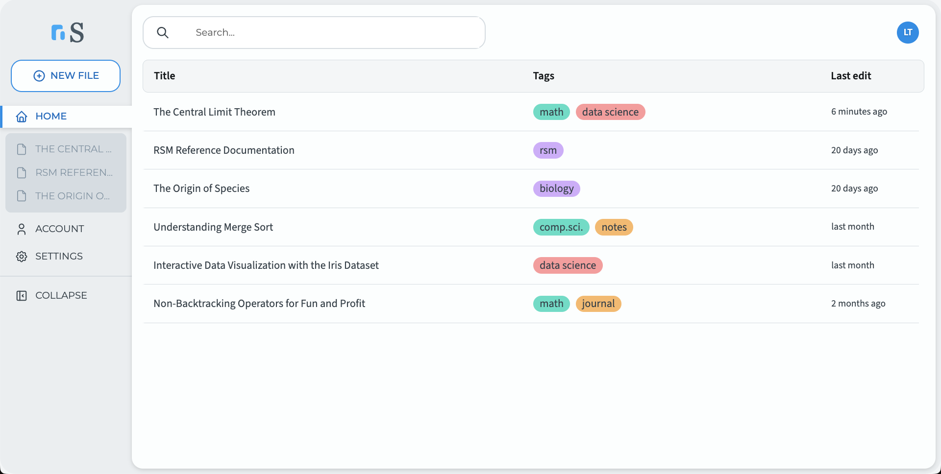 RSM Studio home view showing manuscript library